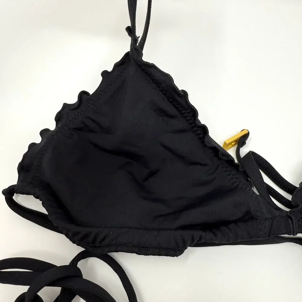 L*SPACE Maggie Roger Ruffled Gold Star Hardware Bikini Set Black Size Small New